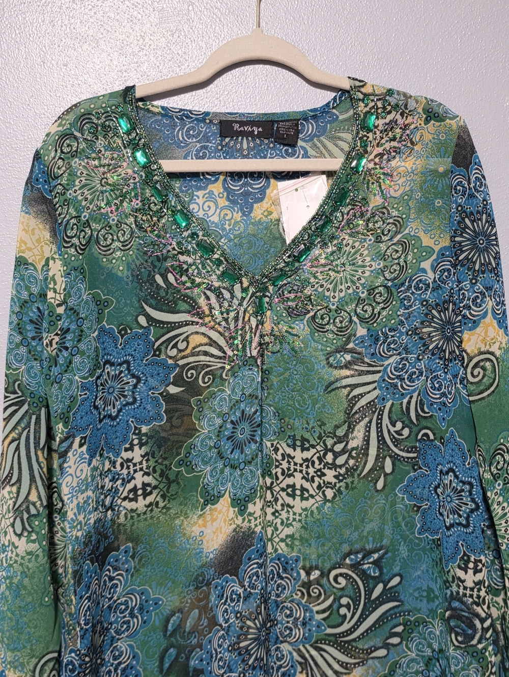 RAVIYA Tunic Blouse Womens Large Green Blue Beaded Boho Forest Fairy Bell Sleeve - Picture 3 of 14